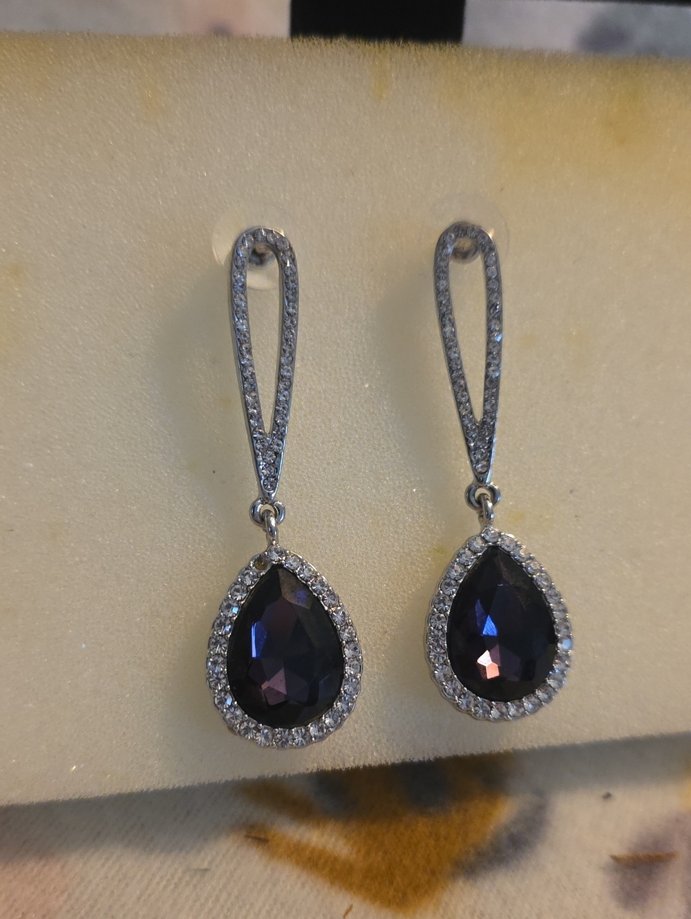 Silver Tone Teardrop Earrings with Deep Purple Gemstone